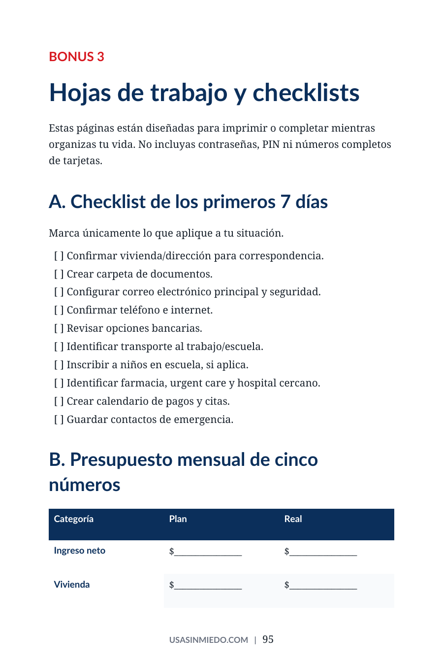 Página del ebook USA Sin Miedo con checklist de los primeros 7 días