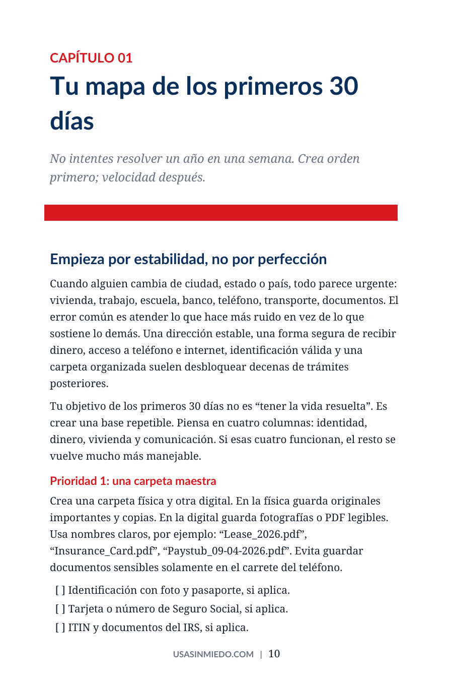 Página interior del ebook USA Sin Miedo sobre los primeros 30 días